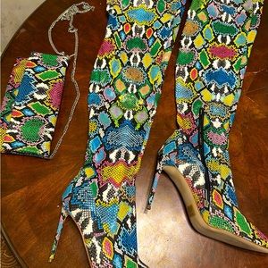 Steve Madden Snakeskin Embossed Zip Side sock Boots & Over shoulder chain strap.